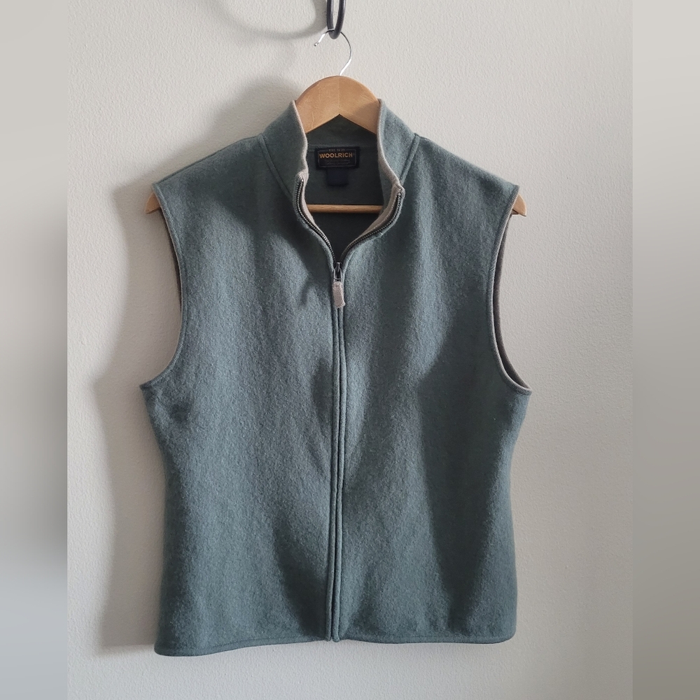 Woolrich 100% Wool Full Zip Vest, Women's XL, Olive Green with Camel Trim